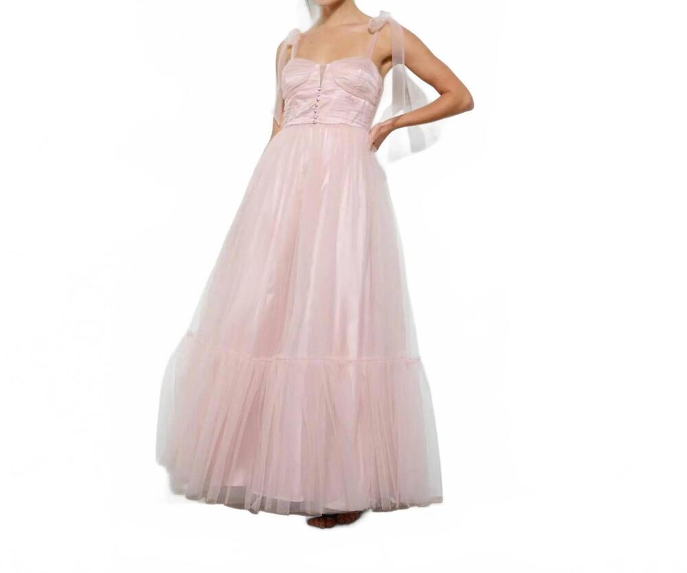 NEW INA FASHION bow tie straps and lace up back tulle maxi dress in light blush